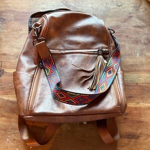 Tan Leather Backpack with Patterned Strap